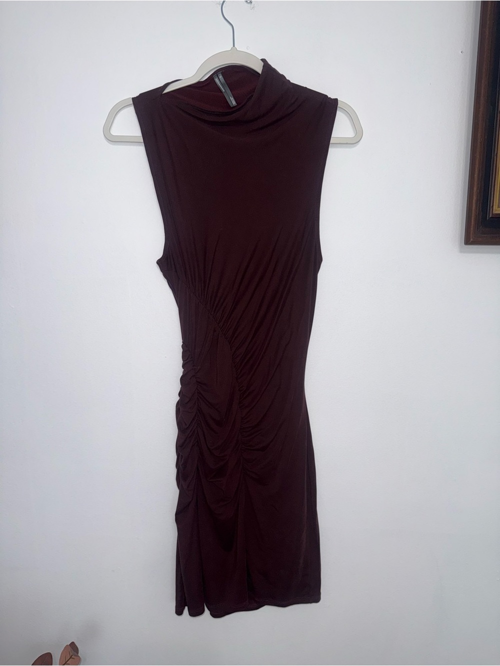 Anthropologie Sleeveless Ruched Mini Dress in Deep Maroon